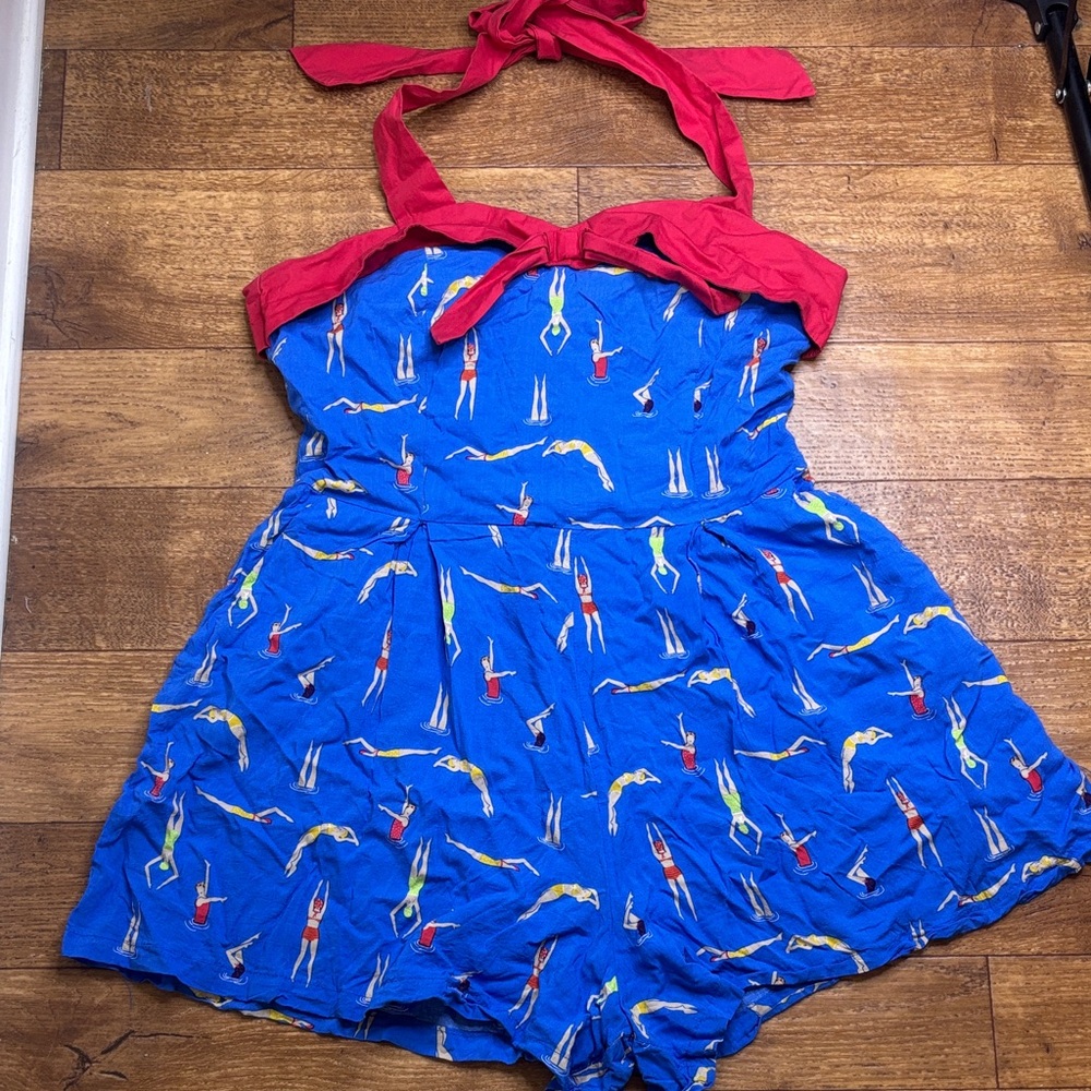 Lindy Bop Blue Christina Swimmer Playsuit Romper Vintage Inspired Size US 8 UK12